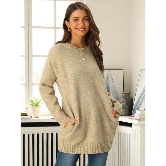Crewneck Long Sleeve Oversized Loose Chunky Warm Pullover Sweater Top Khaki - Picture 4 of 6